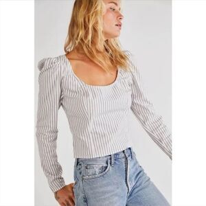 Free People white grey neutral stripe Caroline U-neck princess long sleeve top